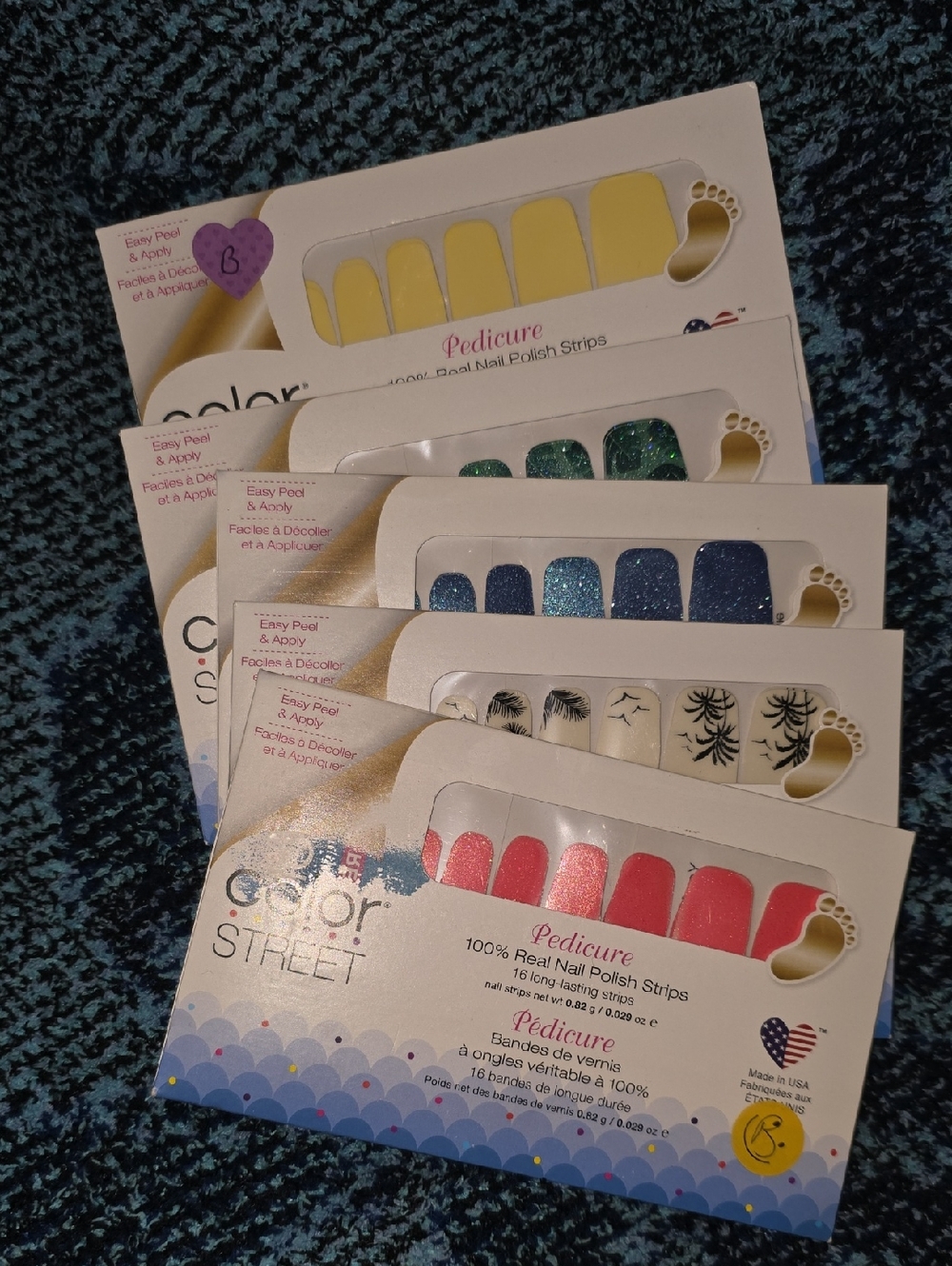 Color Street Pedicure Nail Strips - Yellow, Teal, Blue, Cream, Coral Pink